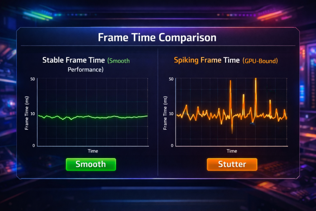 Frame time graph showing stable vs spiking FPS to illustrate advanced GPU-bound performance concepts for gaming optimization.