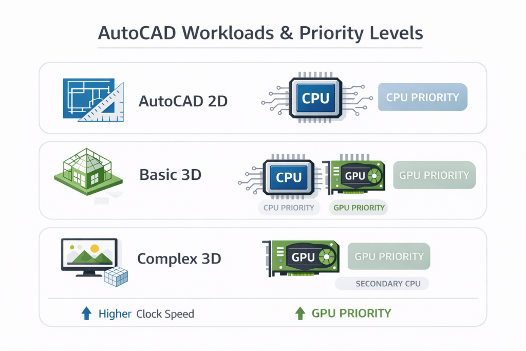 AutoCAD 2D vs 3D hardware requirements showing CPU and GPU priority for different workflow levels