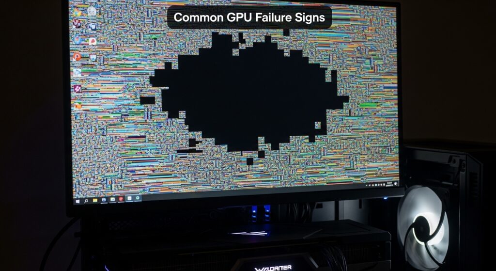 Detecting motherboard damage from the GPU: PC screen showing graphical artifacts, flickering lines, and black areas.