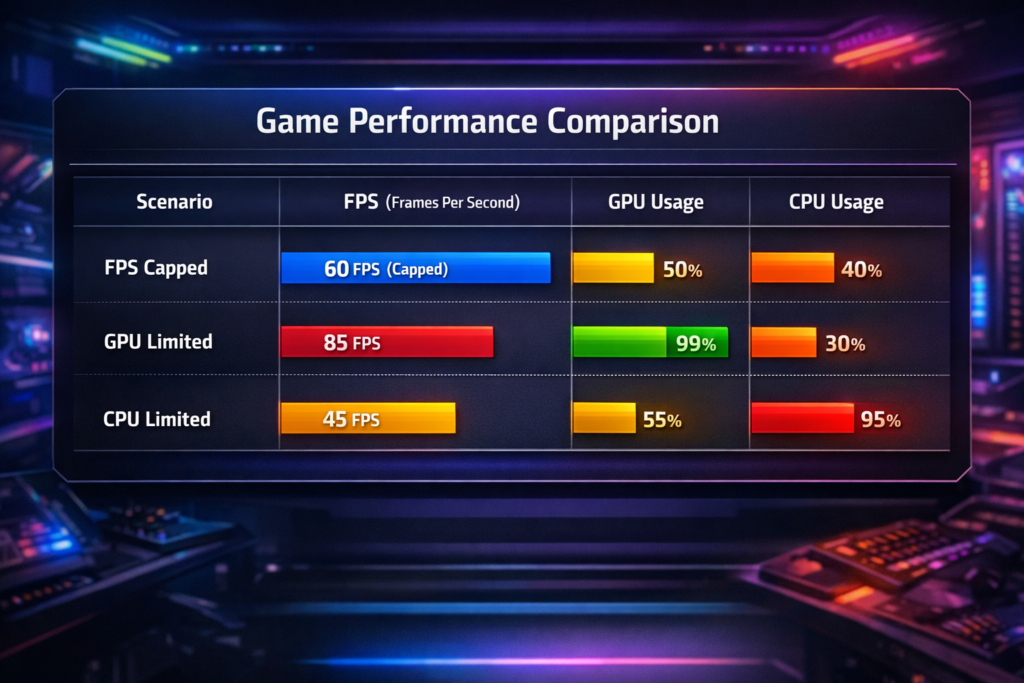 Visual chart comparing FPS capped, GPU-limited, and CPU-limited gaming scenarios to explain GPU-bound performance clearly.