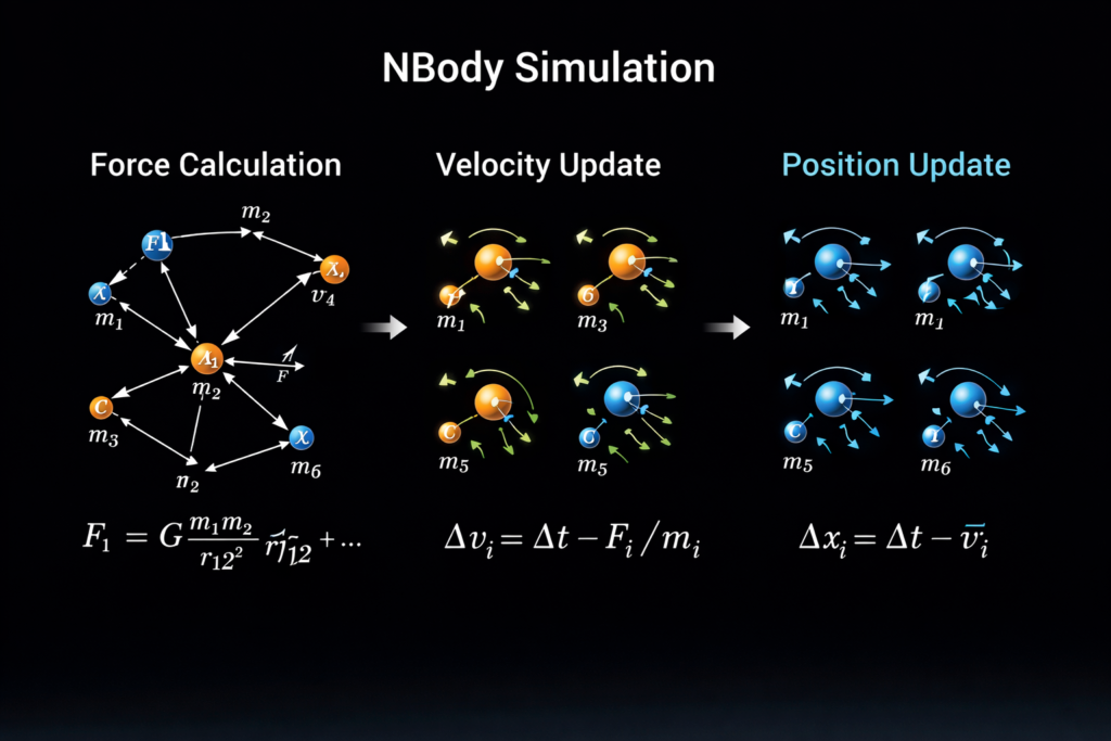 Diagram explaining how NBody GPU benchmark calculates particle force velocity and position updates step by step