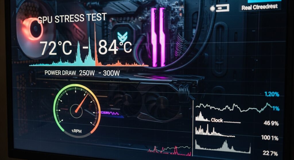 What overclocking a GPU does to power draw and temperature increase during gaming stress test scenario