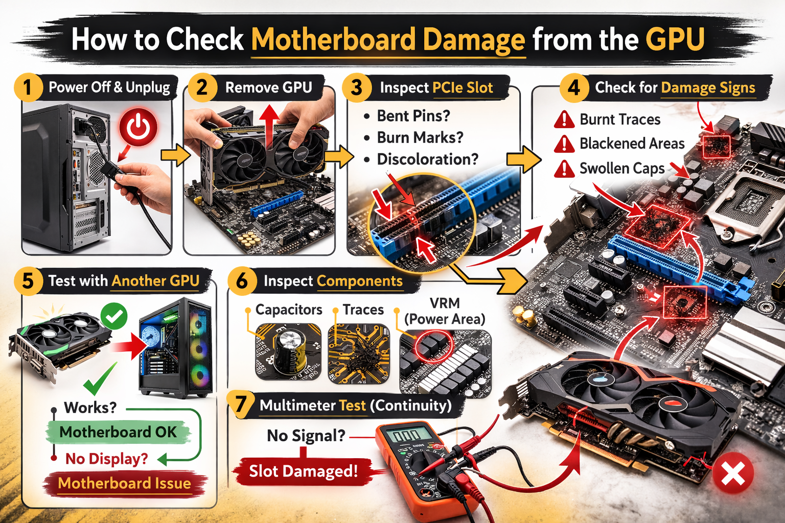 Step-by-step guide on how to check motherboard damage from the GPU with visual inspection and testing methods