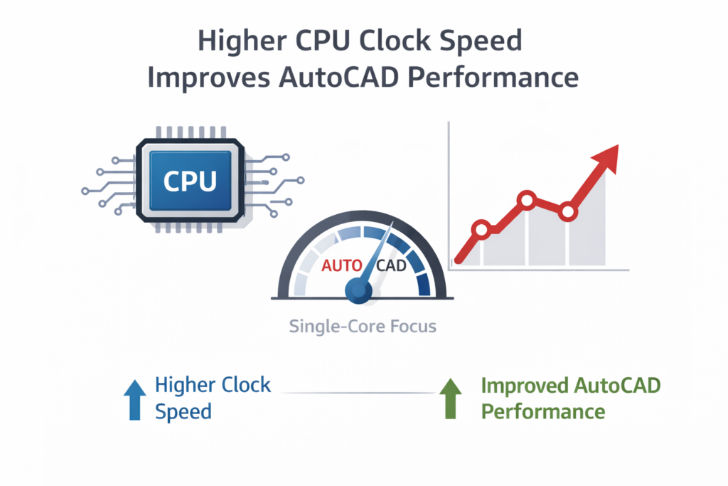 Single-core CPU performance chart showing higher clock speed improving AutoCAD speed and responsiveness