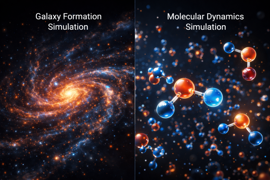 Real world applications of NBody GPU benchmark including galaxy simulation and molecular dynamics modeling