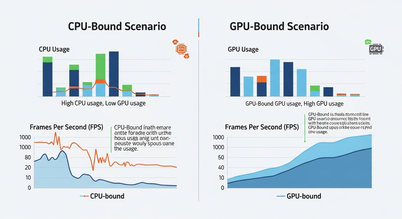 Infographic showing CPU vs GPU usage and FPS comparison, illustrating what GPU-bound means for gaming performance clearly.