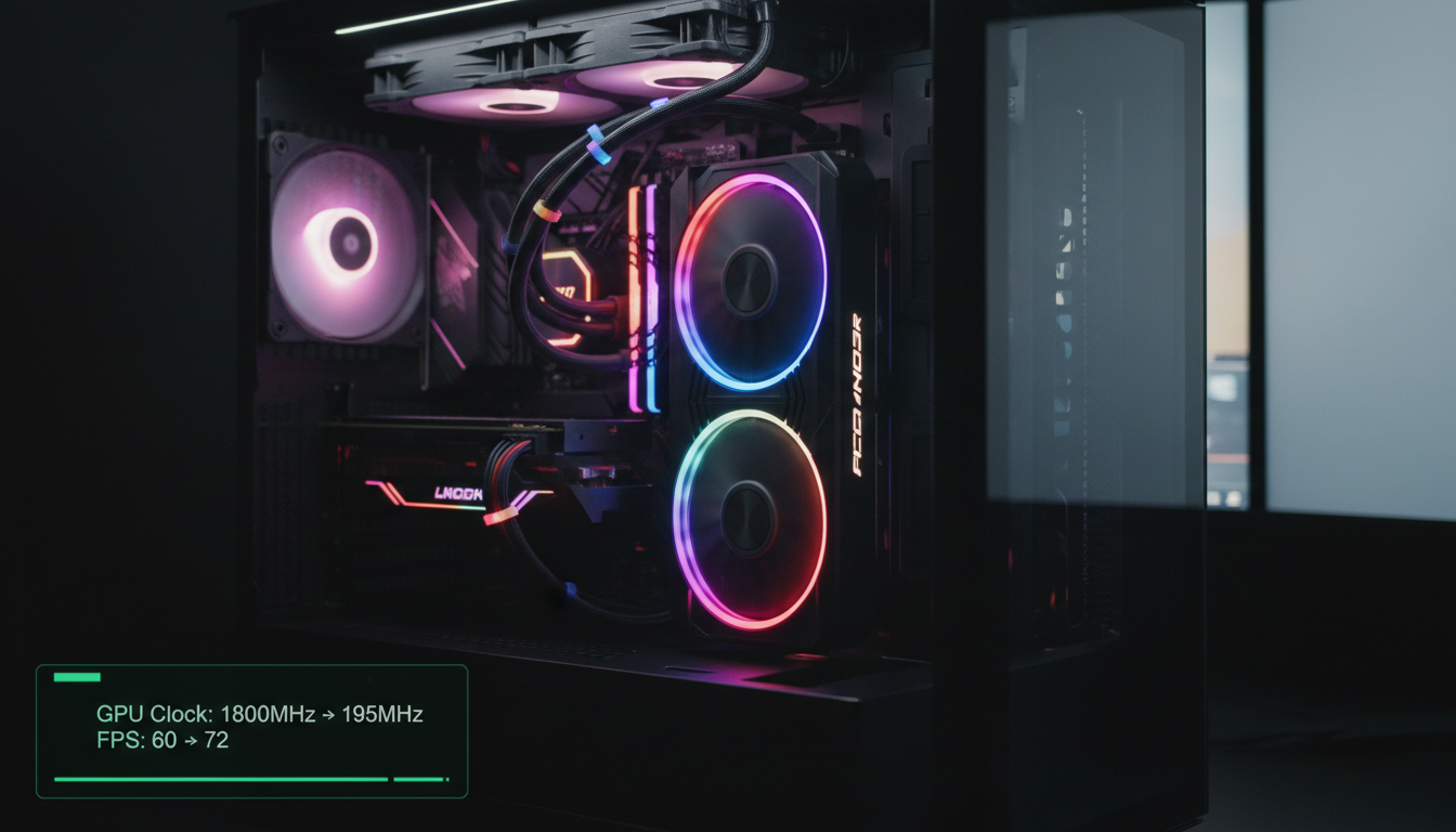 What overclocking a GPU does shown with clock speed increase and FPS boost inside a gaming PC setup with RGB lighting