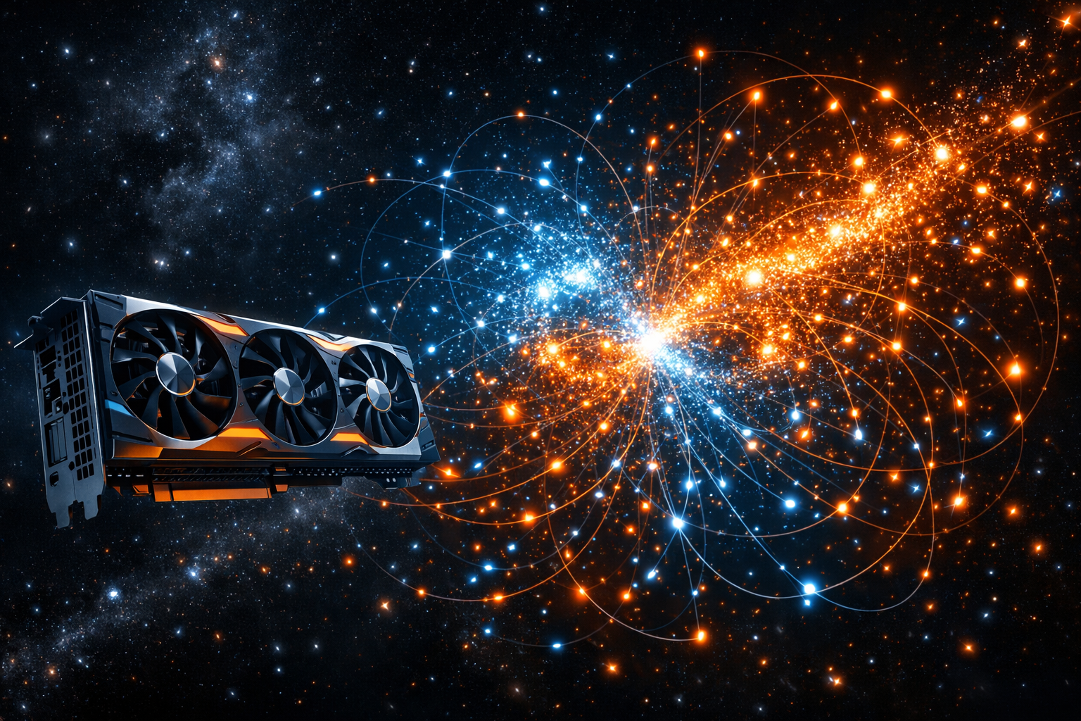 NBody GPU benchmark simulation showing graphics card calculating gravitational particle interactions in space environment