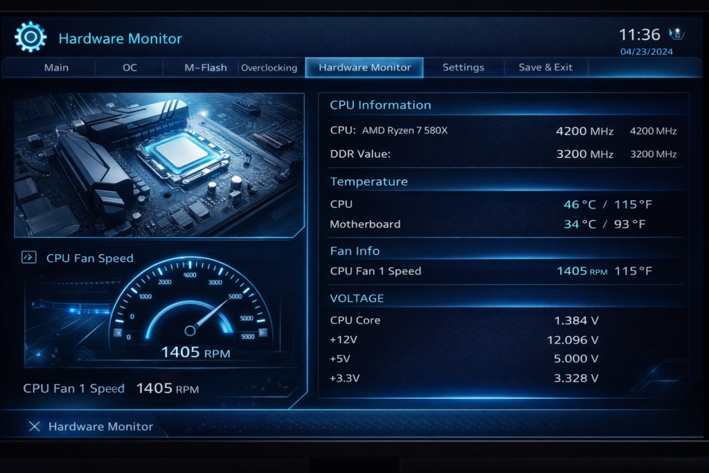 BIOS hardware monitor screen showing CPU temperature without software inside motherboard settings interface on PC startup