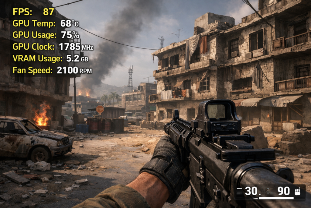 Real-time FPS game screen showing GPU stats overlay with fan speed, answering Can You Monitor GPU Fan Speed While Gaming clearly