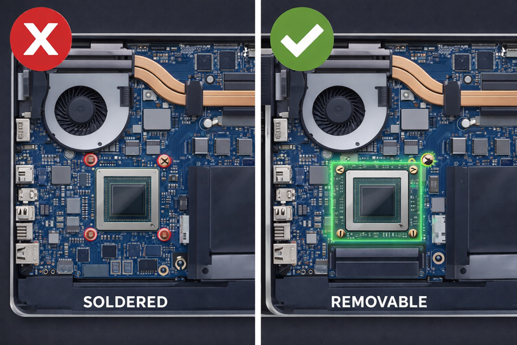 Can you remove a GPU from a laptop? Comparison showing soldered GPU with red X vs rare removable GPU on motherboard
