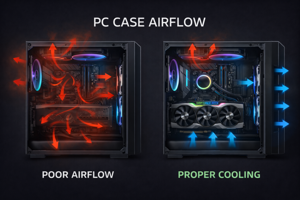 Proper PC airflow setup reducing GPU temperature from 85 Celsius during heavy gaming load