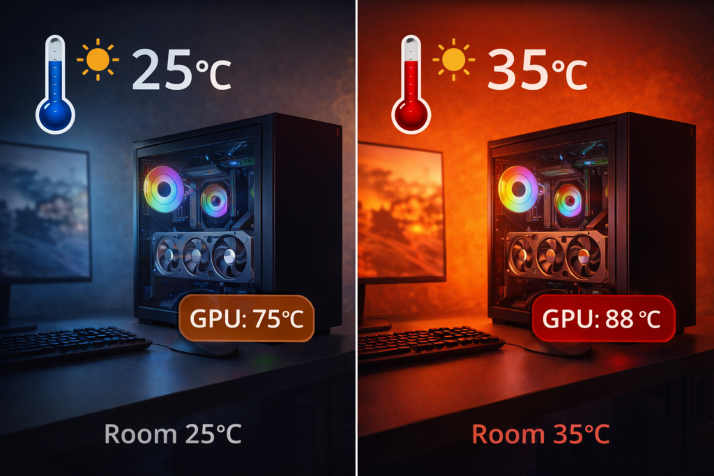 Does Room Temperature Affect GPU Heat? Comparison showing 25°C room with 75°C GPU vs 35°C room with 88°C GPU temperature increase