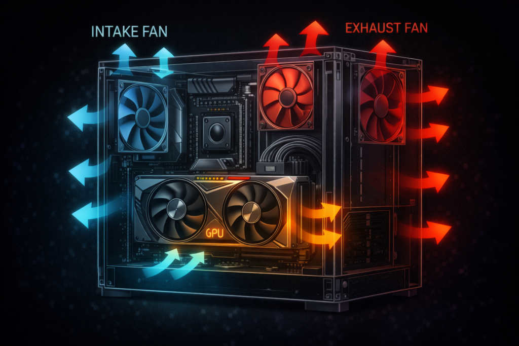 PC case airflow diagram showing proper cooling setup to prevent GPU overheating and control GPU fan spinning
