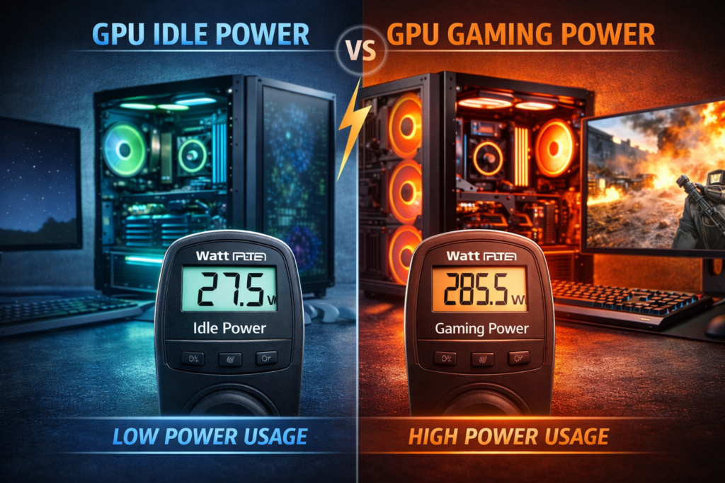 Comparison image showing how many watts a GPU uses while idle versus during gaming with real time graphics card power usage