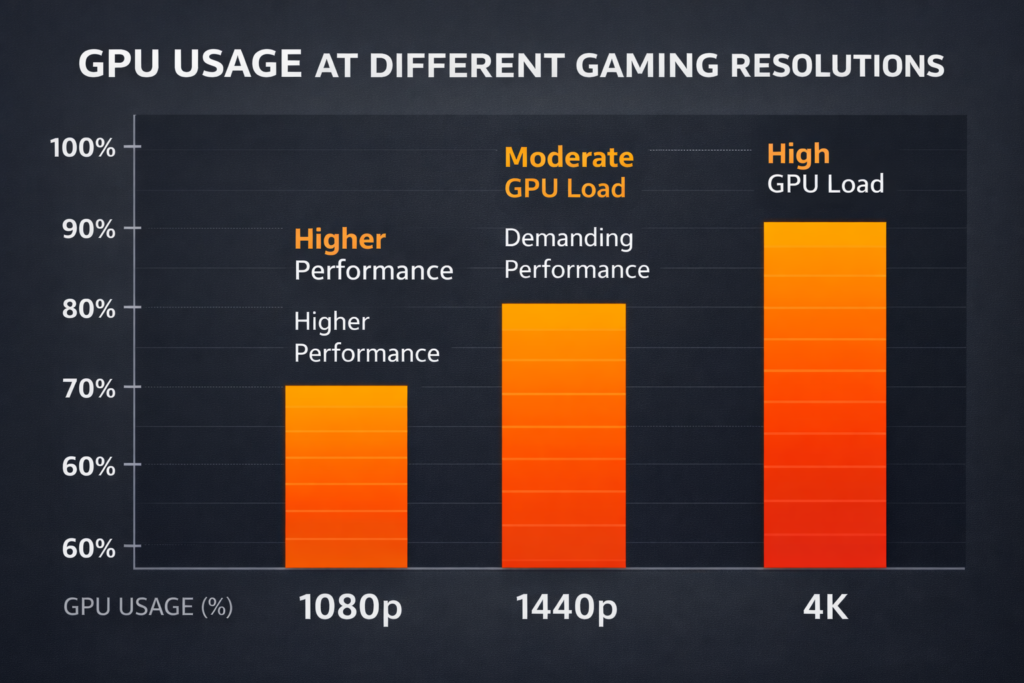 Infographic comparing 1080p, 1440p and 4K to explain how much GPU usage is normal at different gaming resolutions.
