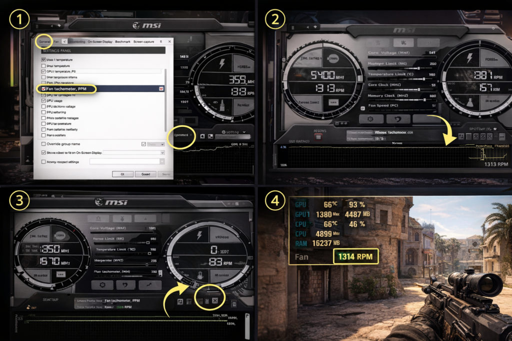 Step-by-step MSI Afterburner screenshots showing how to check GPU fan speed with RPM monitoring and in-game overlay display