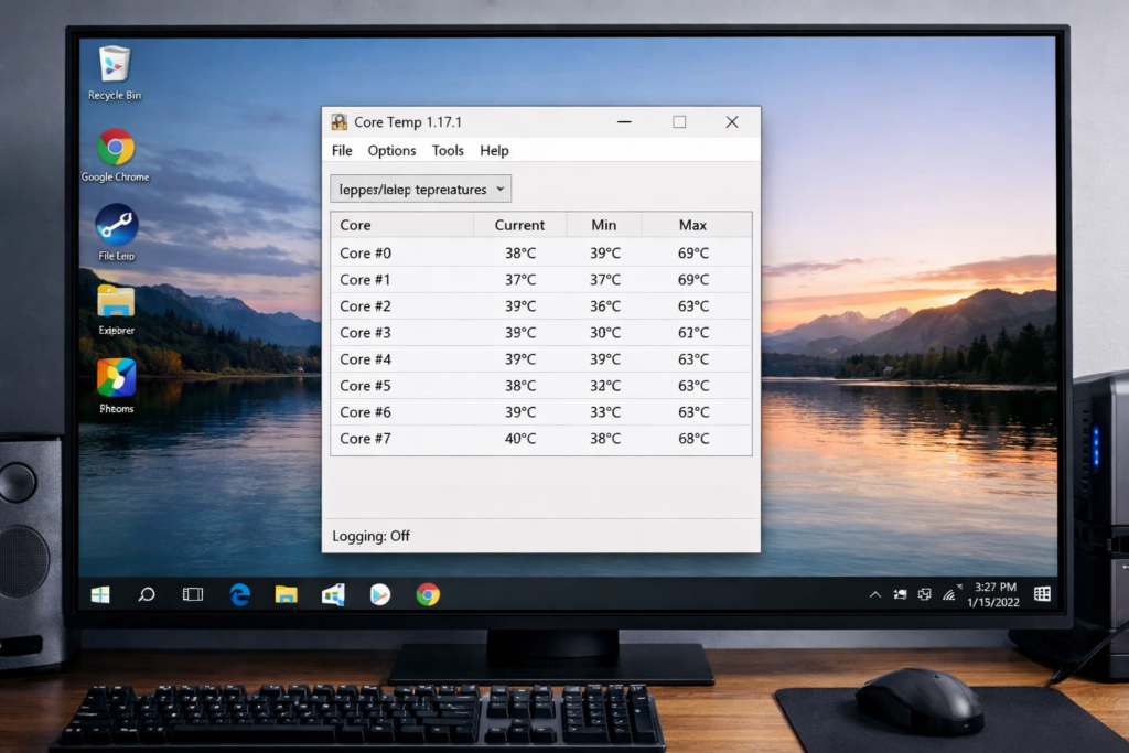 Core Temp tool showing CPU temperature per core with real time monitoring for beginners on Windows system interface