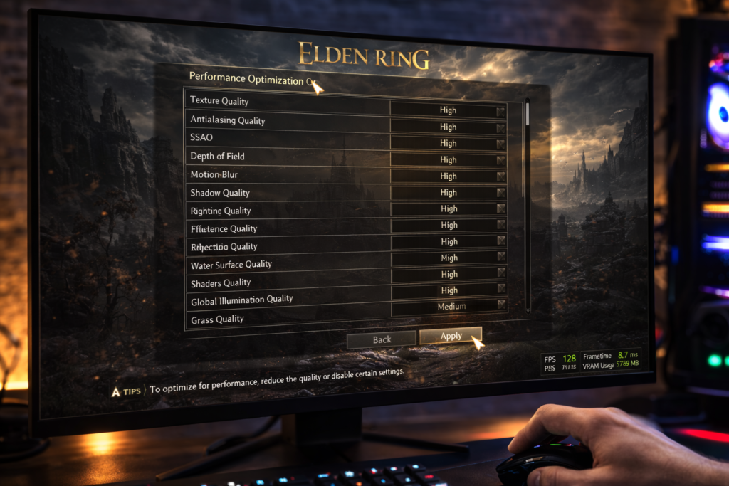 Increasing graphics settings in Elden Ring to improve GPU wattage and performance with PC game graphics options menu visible