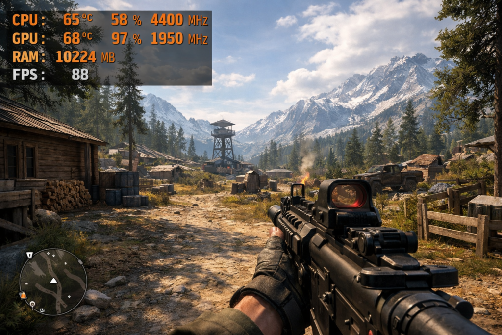 MSI Afterburner overlay showing CPU temperature while gaming with real time stats and GPU monitoring on screen display