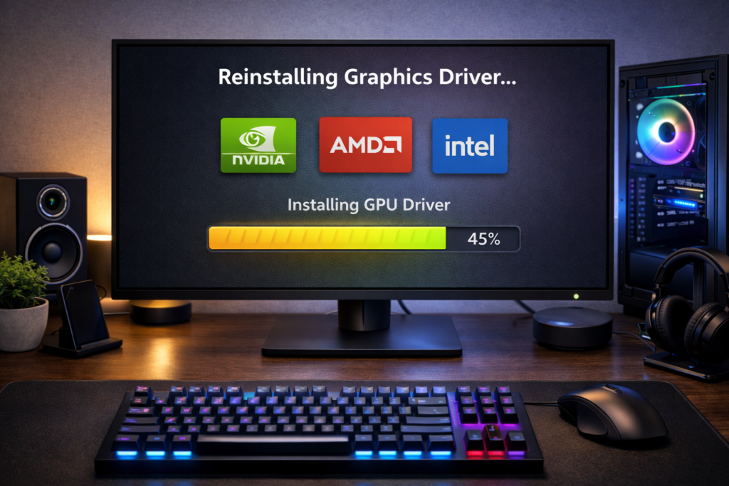 Illustration showing how to reset GPU by reinstalling graphics drivers for NVIDIA AMD or Intel to fix crashes and display problems.