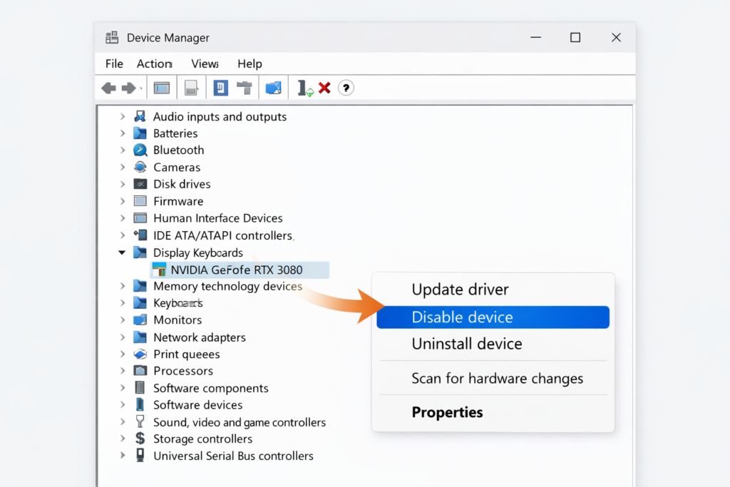 Windows Device Manager screen showing steps to reset GPU driver by disabling and enabling display adapter to fix graphics issues.