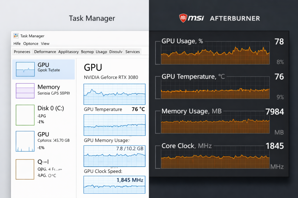 Example of monitoring tools showing how much GPU usage is normal using Task Manager and MSI Afterburner performance graphs.