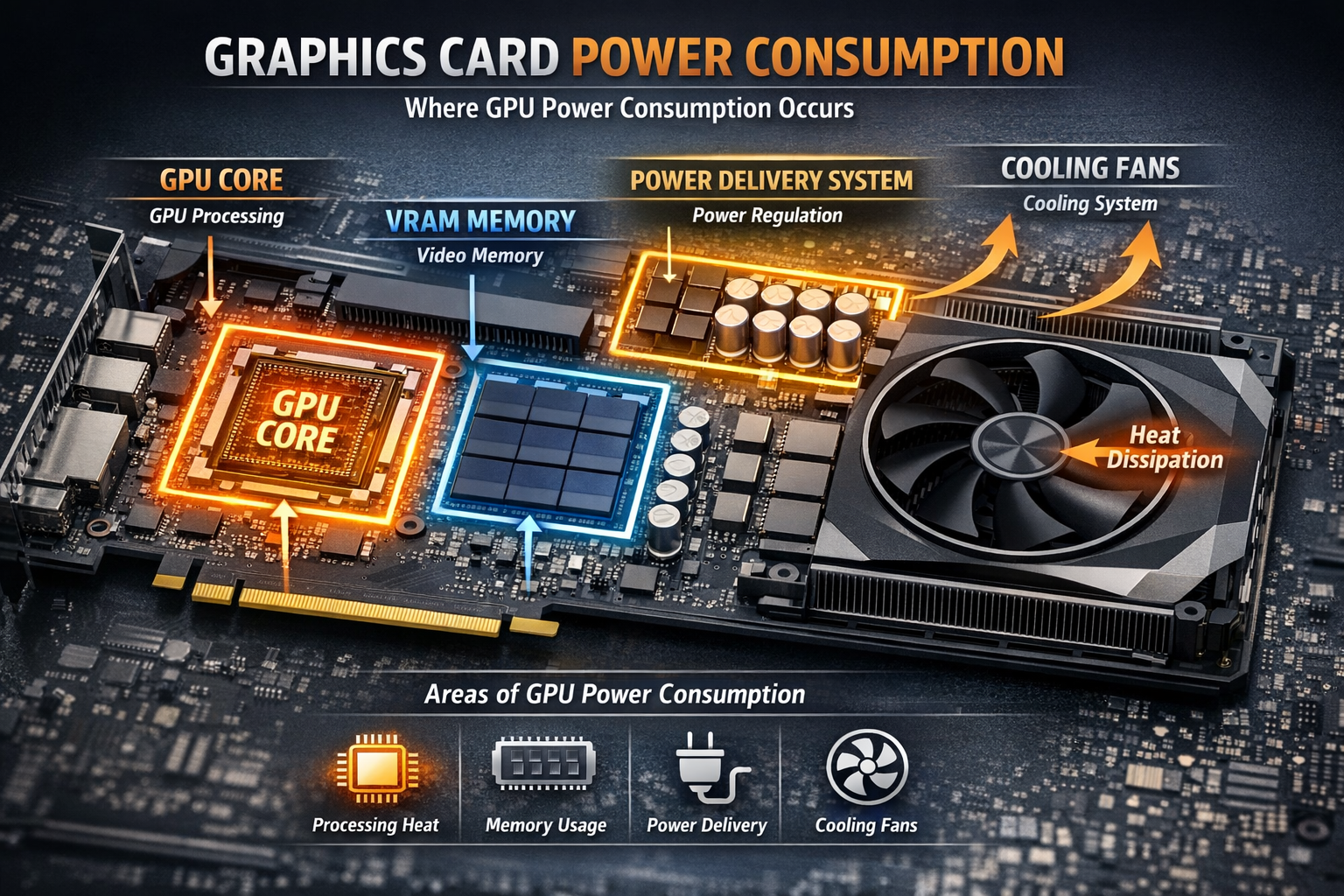 Diagram explaining how many watts a GPU uses by showing GPU core VRAM and power delivery components affecting graphics card power