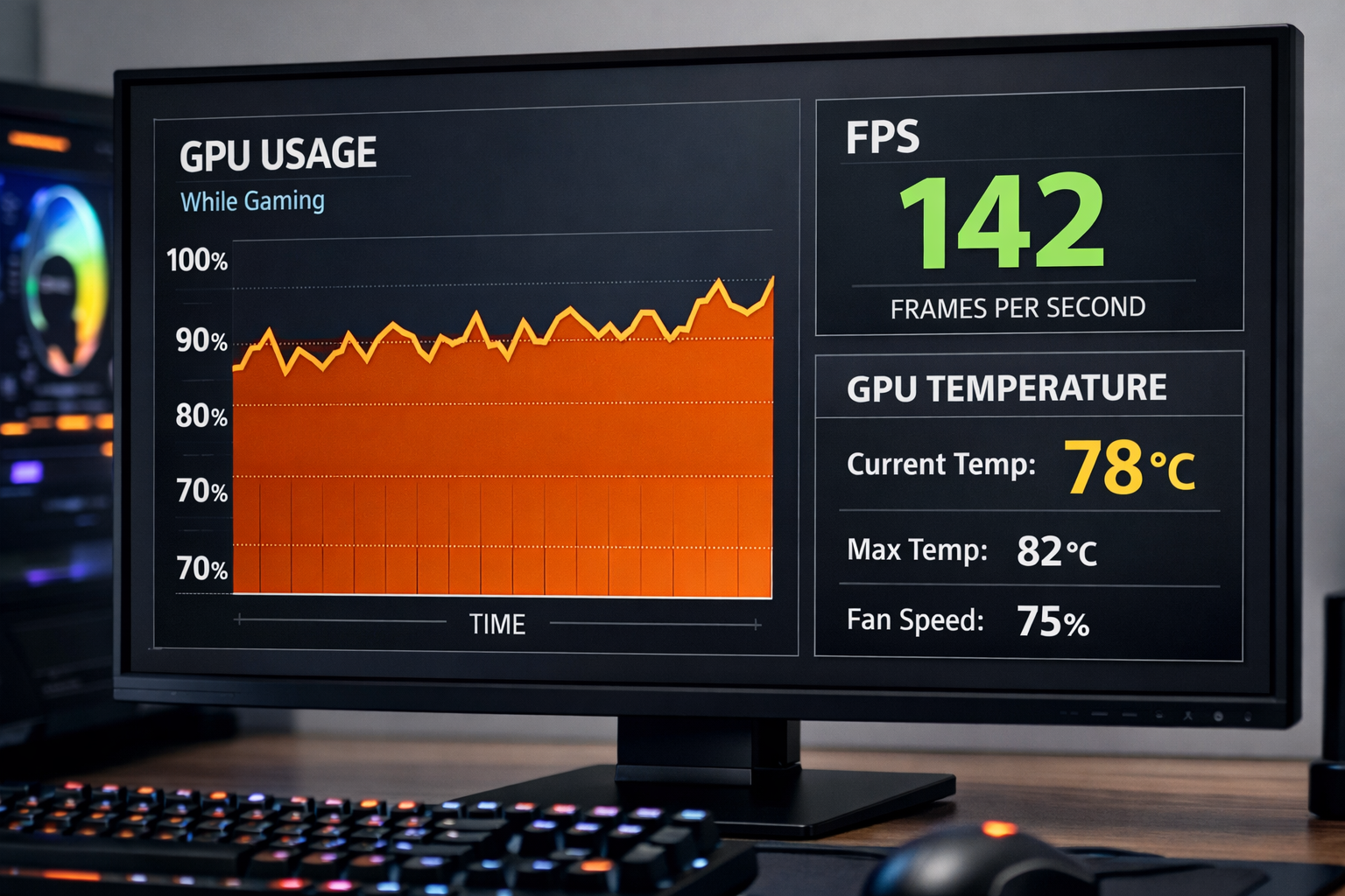 Monitor screen showing GPU monitoring graph explaining how much GPU usage is normal during gaming with temperature and performance stats.