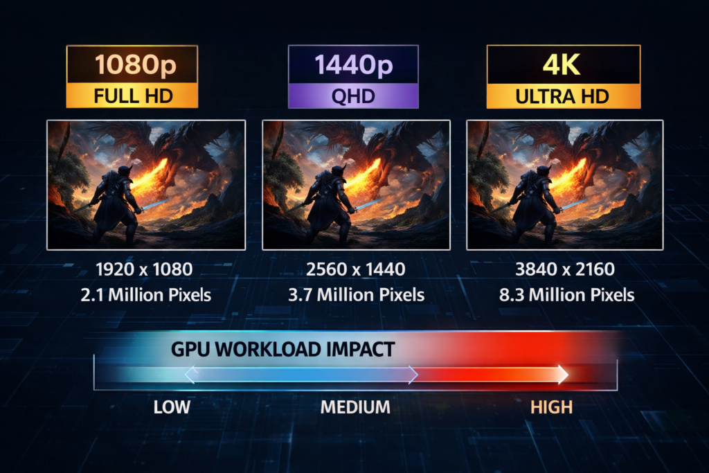 Infographic explaining how many watts a GPU uses at different resolutions including 1080p 1440p and 4K affecting graphics card power
