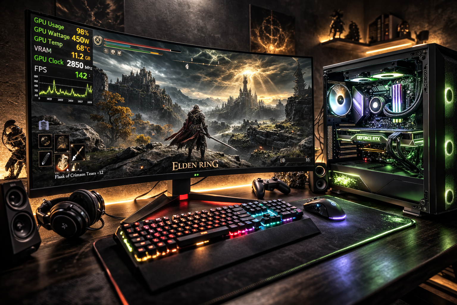 How to increase GPU wattage in Elden Ring showing gaming PC setup with GPU monitoring overlay displaying power usage and performance stats
