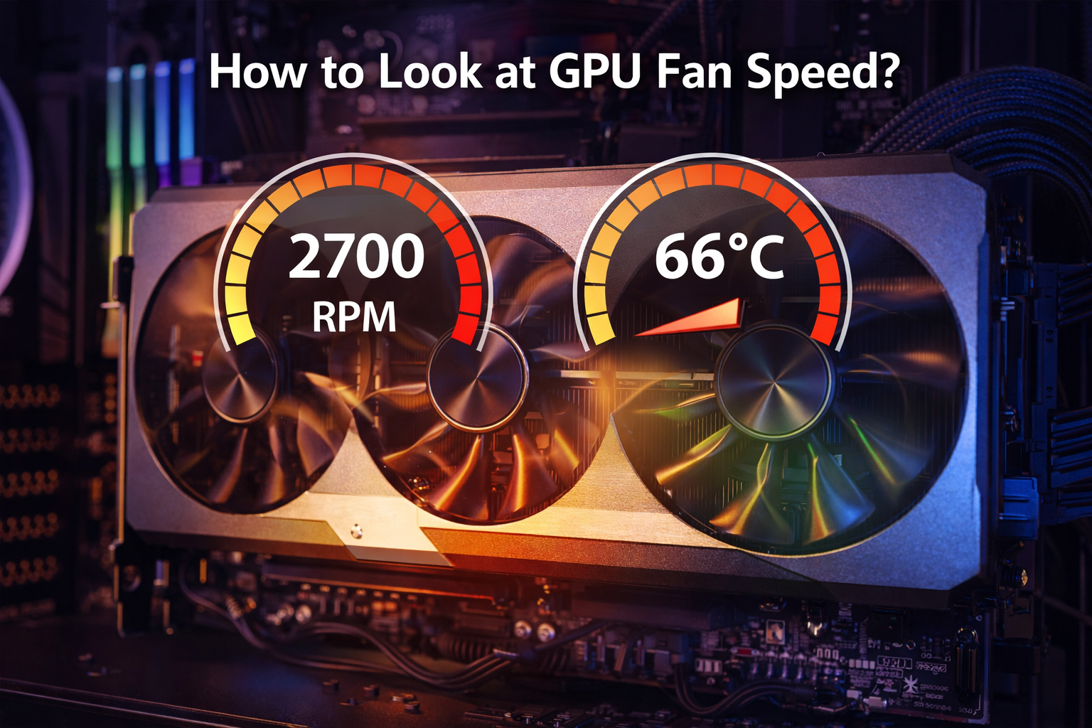 Close-up gaming PC GPU fans with RPM and temperature gauges, showing how to look at GPU fan speed in real time performance monitoring