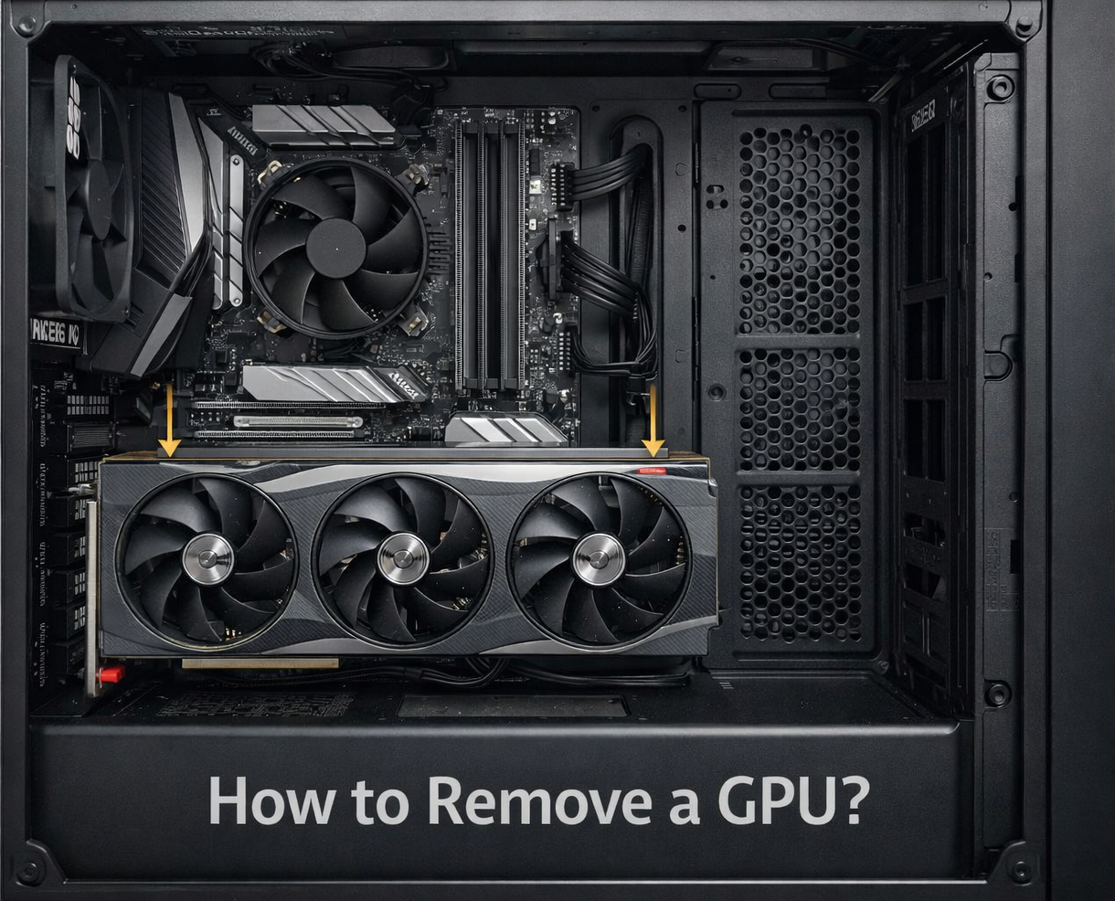 Top view PC case showing GPU in PCIe slot with arrows pointing to clip, demonstrating how to remove a GPU safely and easily