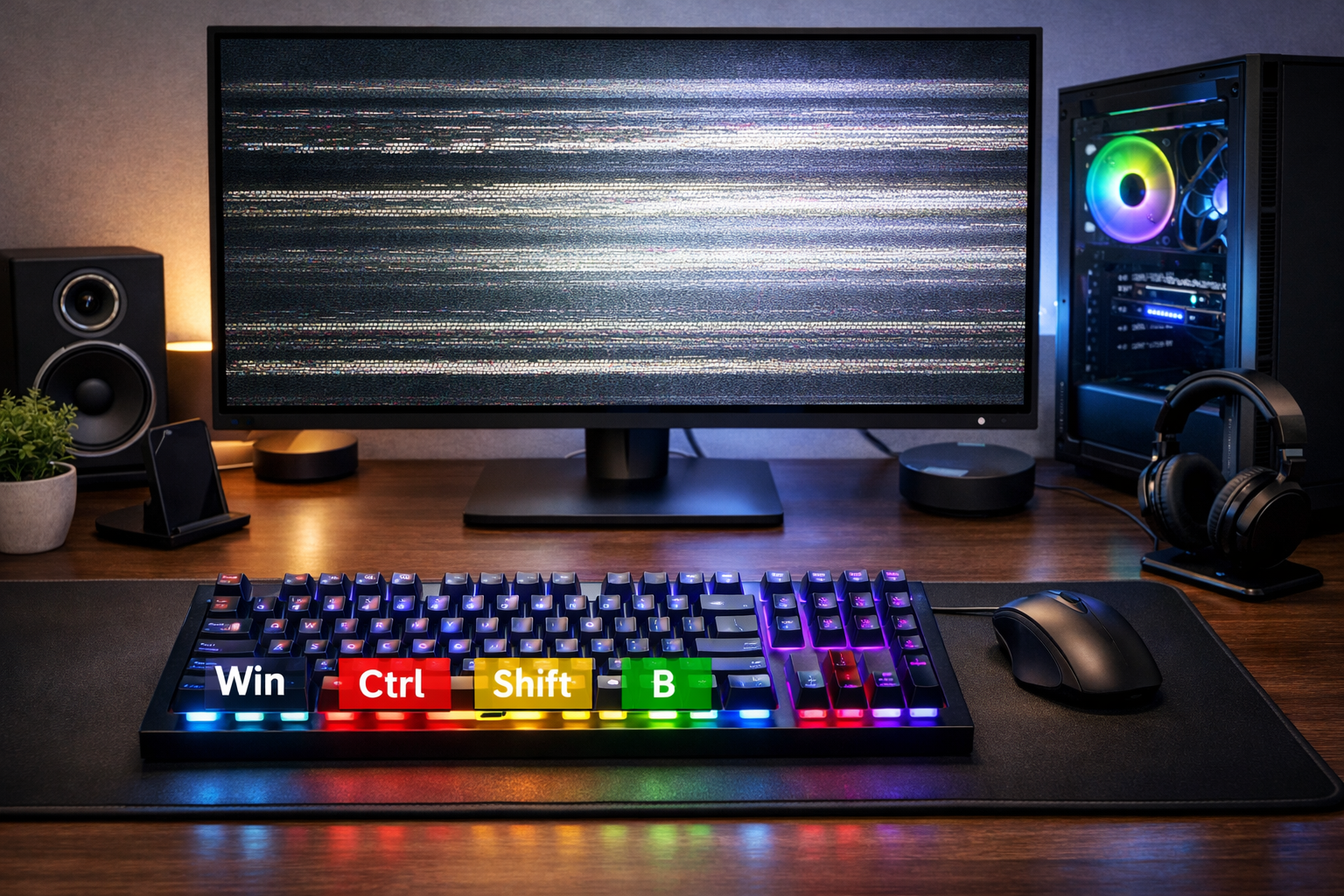 Illustration showing how to reset GPU using Windows keyboard shortcut Win Ctrl Shift B to quickly restart graphics driver.