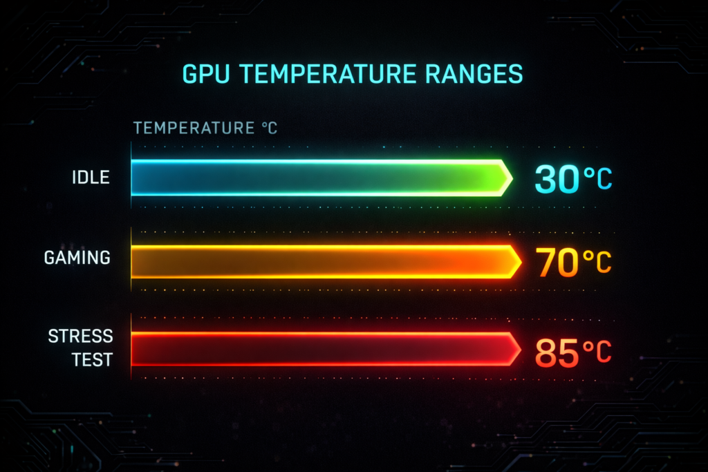GPU temperature chart showing idle gaming and stress test ranges to understand when GPU fans should spin