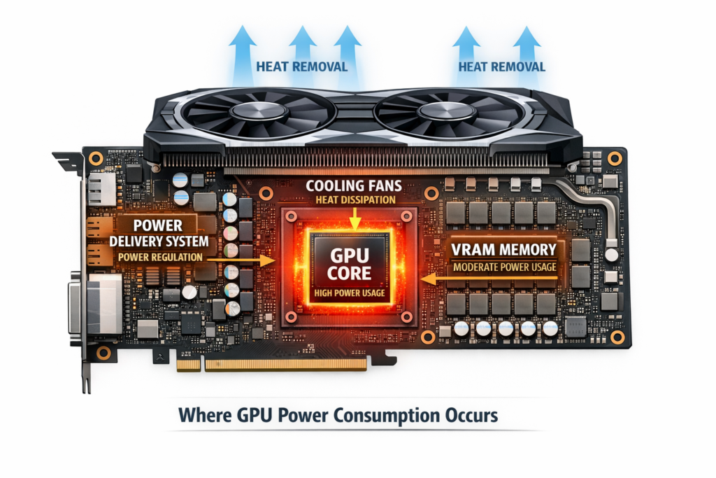 Diagram explaining how many watts a GPU uses by showing GPU core VRAM and power delivery components affecting graphics card power