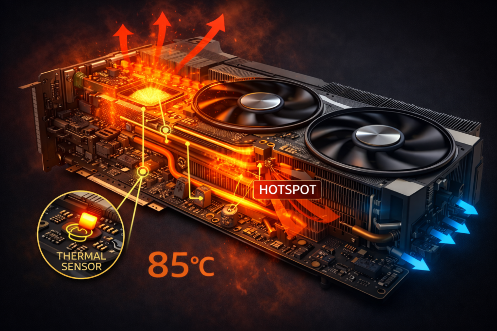 GPU hotspot and core temperature visualization at 85°C explaining thermal throttling behaviour