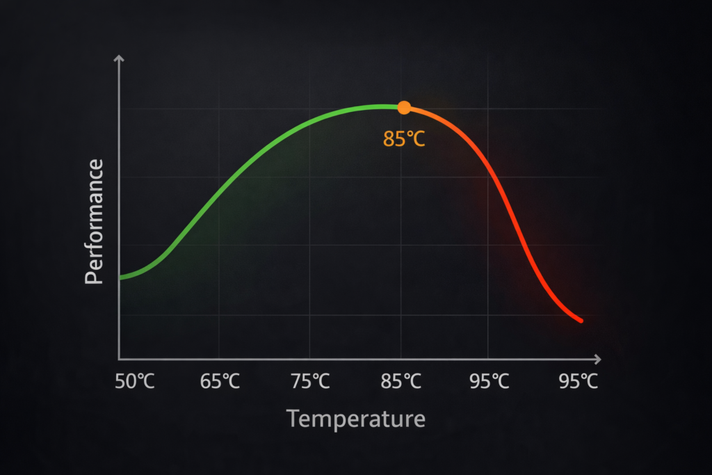What Is GPU Thermal Throttling? Graph showing performance rising with temperature then dropping sharply after 85°C due to overheating