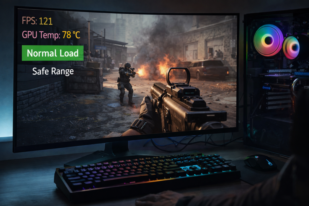 What Is Normal GPU Temperature While Gaming? Real gaming setup showing 78°C GPU temp overlay with FPS, labeled normal load and safe range