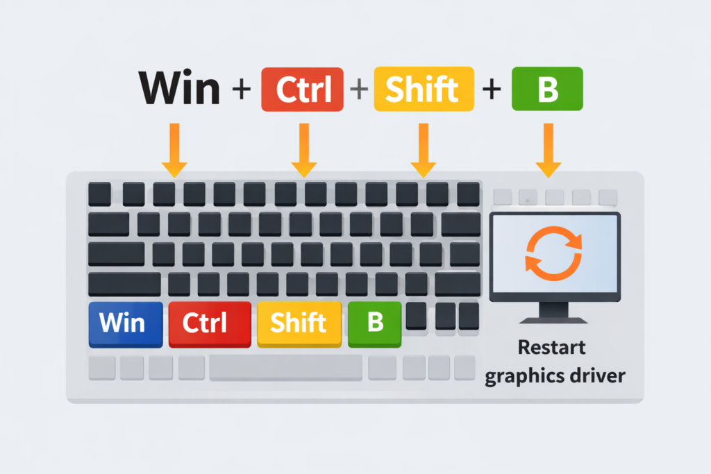 Keyboard shortcut diagram explaining how to reset GPU driver using Win Ctrl Shift B in Windows to quickly fix display issues.