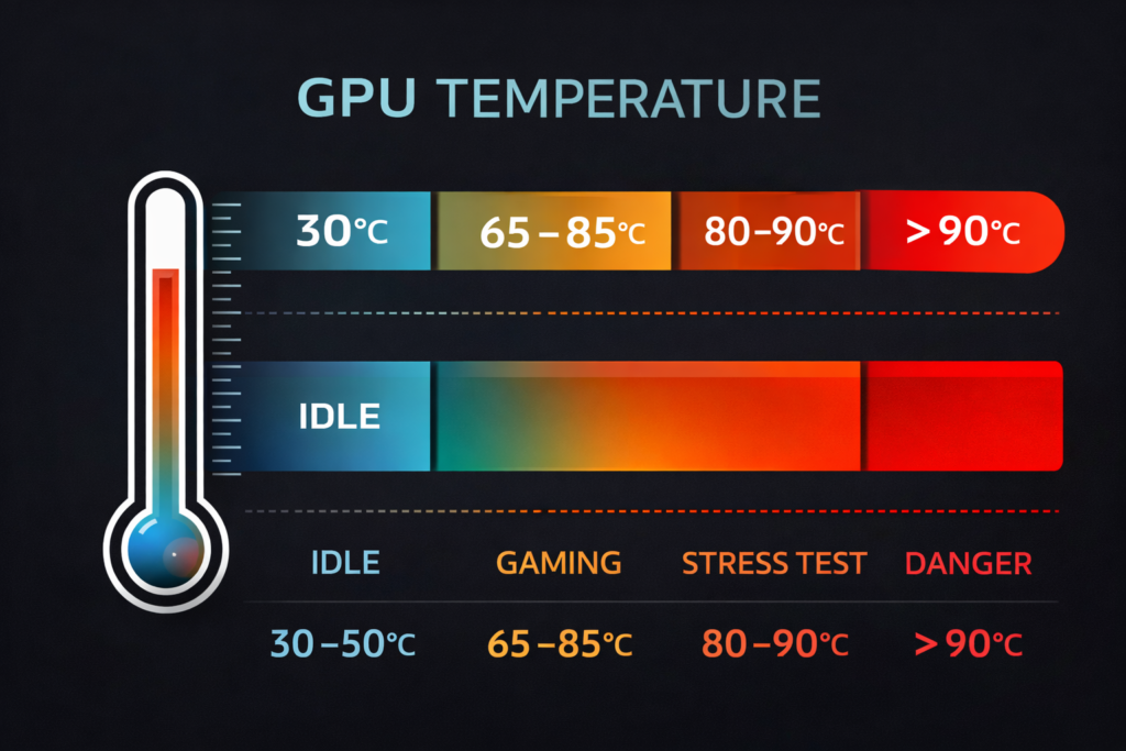 Normal GPU temperature range chart showing idle gaming load and danger zone above 90°C