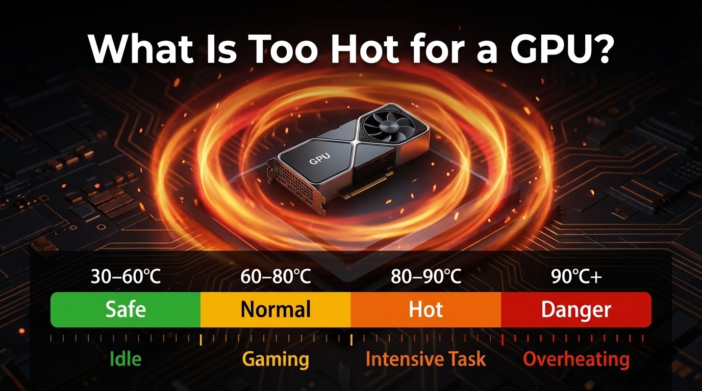 What Is Too Hot for a GPU? Temperature scale showing safe, normal, hot, and danger zones with gaming, idle, and overheating labels