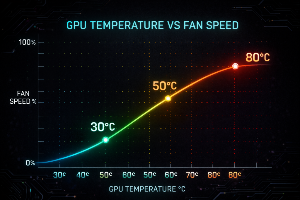 Zero RPM mode diagram showing GPU fan curve and temperature control explaining should GPU fans always spin