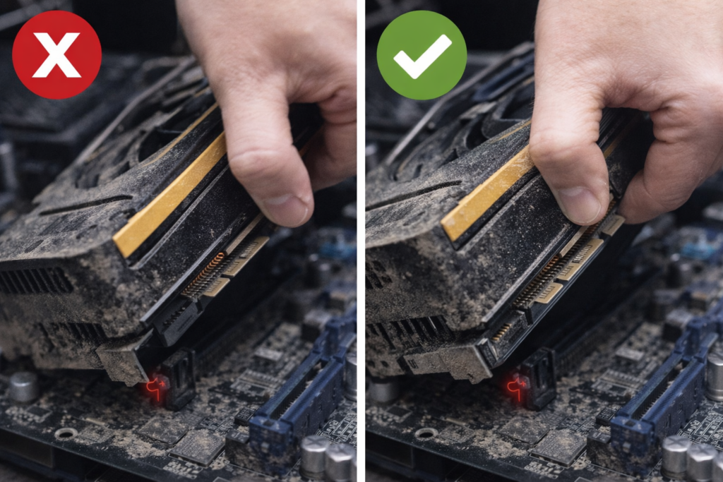 What mistakes should you avoid when removing a GPU? Side-by-side showing incorrect tilted pull vs correct straight GPU removal technique

