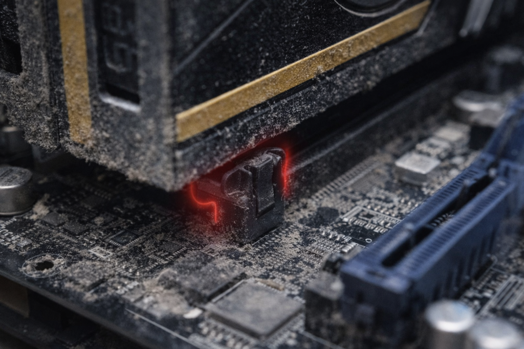 Why won’t my GPU come out? Close-up of dusty GPU stuck in PCIe slot with tight clip highlighted in red for removal issue
