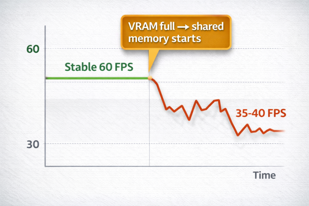 Shared GPU memory impact on gaming performance showing FPS drop from stable 60 to 35–40 when VRAM is full and system RAM is used
