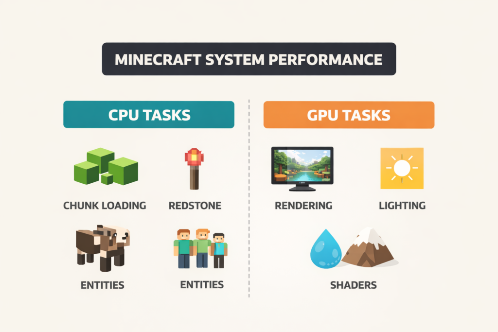 Is Minecraft CPU or GPU-intensive infographic showing CPU tasks like chunk loading and GPU tasks like rendering graphics
