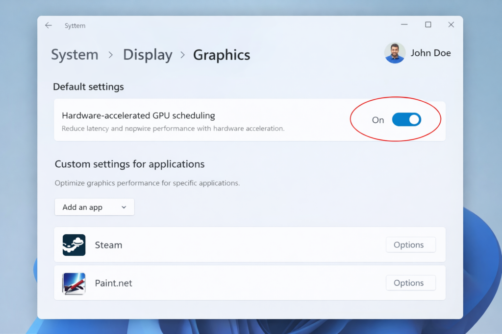 Windows settings showing how to enable hardware-accelerated GPU scheduling option for better GPU performance and lower latency