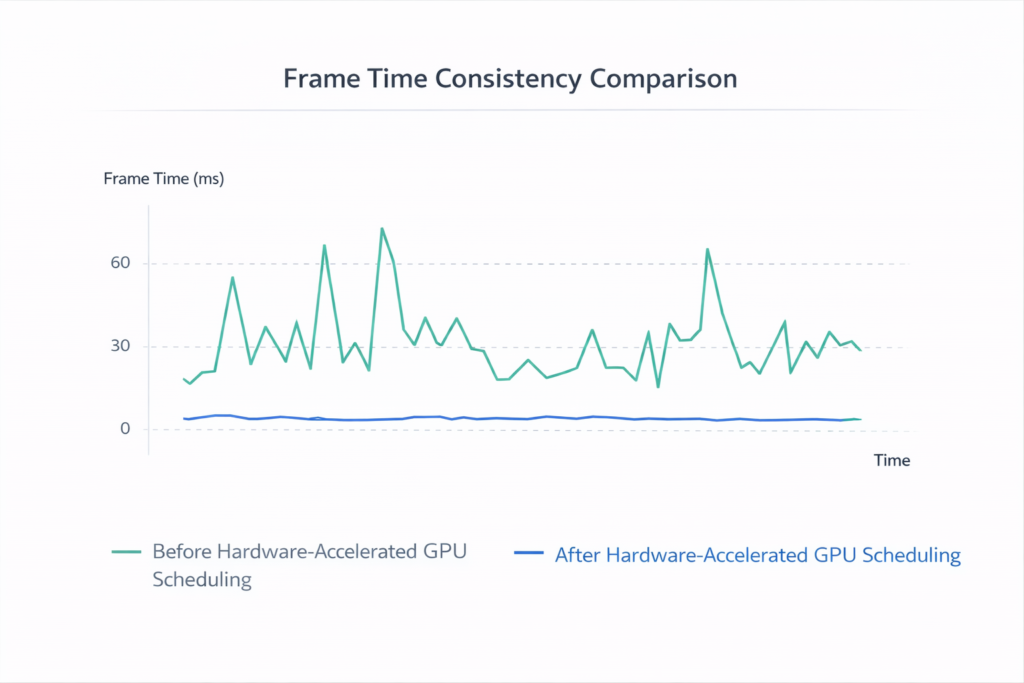 frame time comparison showing smoother performance with hardware-accelerated GPU scheduling and reduced stutter in games