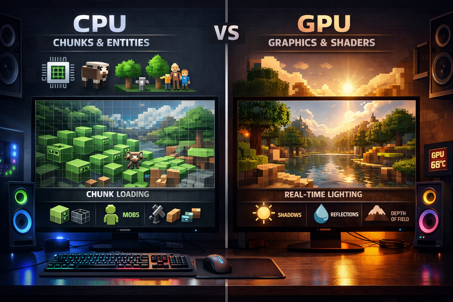 Is Minecraft CPU or GPU-intensive visual showing CPU handling game logic and GPU rendering graphics in Minecraft gameplay